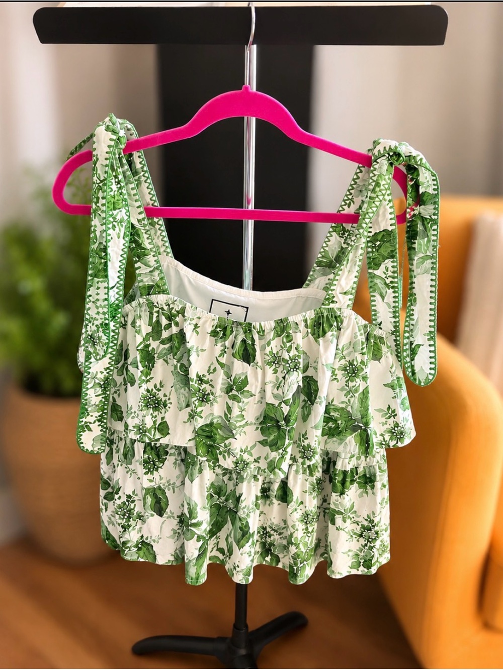 Green Floral Tie Strap Peplum Tank Top
